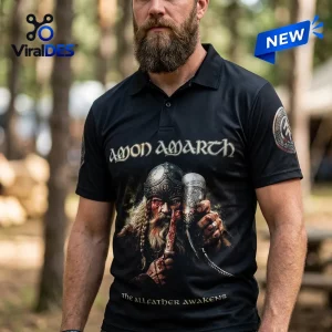 Amon Amarth The Allfather Awakens 2026 Tour polo shirt in black featuring a bearded viking holding a drinking horn.