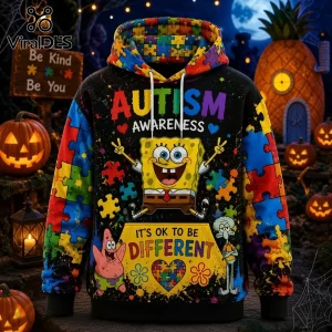 SpongeBob SquarePants Autism Awareness Halloween Hoodie featuring puzzle piece patterns, Patrick, Squidward, and text.