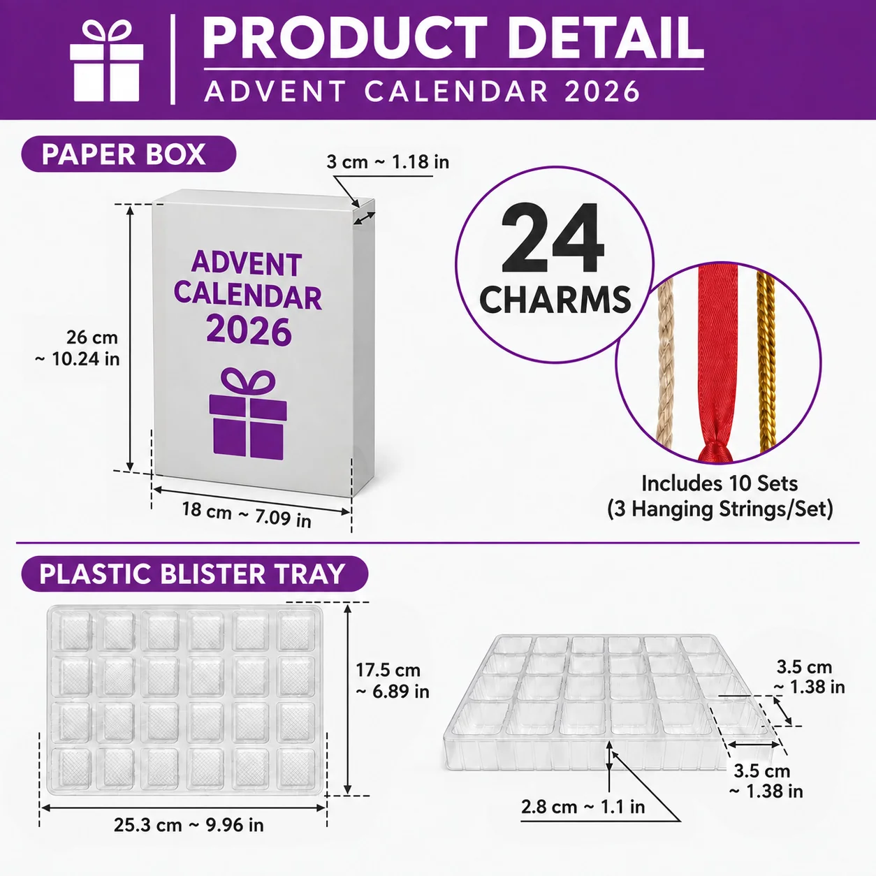 Pink Floyd Advent Calendar 2026 Advent Calendar size guide showing paper box, 24-compartment plastic blister tray and hanging strings
