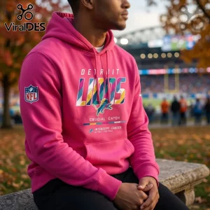 Detroit Lions 2026 Crucial Catch Pink Hoodie featuring multi-colored typography, NFL logo, and cancer awareness graphics.