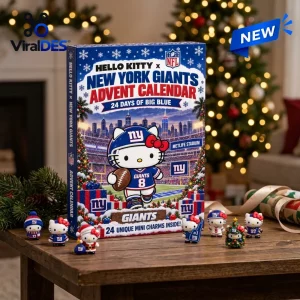 Front view of a Hello Kitty x New York Giants Advent Calendar box with miniature character figurines on a wooden table.