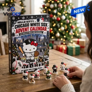 A person unboxing the Hello Kitty x Chicago White Sox Advent Calendar on a wooden table with mini figures.