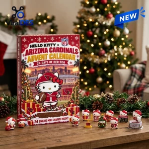 Front view of a Hello Kitty x Arizona Cardinals Advent Calendar box with miniature collectible figures on a wooden table.
