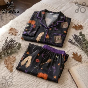 Hocus Pocus Sanderson Sisters black pajama set featuring spell book, broomstick, and witch hair icons on a textured bed.