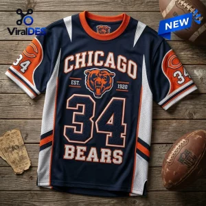 Front view of an NFL Chicago Bears 34 custom name shirt in navy blue with orange and white accents.