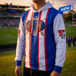Front view of the Newcastle Knights 2026 Grand Final Hoodie featuring red, white, and blue vertical stripes.