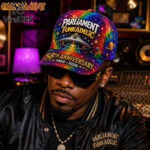 Parliament Funkadelic Space UFO 58th Anniversary baseball cap featuring vibrant rainbow cosmic art and text.