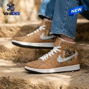 Iron Maiden Powerslave Egyptian High Top Sneaker with beige hieroglyphic patterns, white laces, and Eddie graphic detailing.