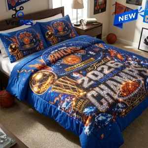 New York Knicks 2026 NBA Champions bedding set with blue fabric, basketball graphics, and gold championship trophy imagery.