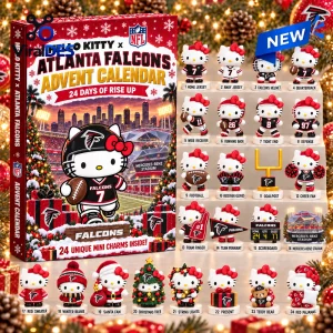 Front view of a Hello Kitty x Atlanta Falcons advent calendar showing twenty-four miniature themed character figurines.