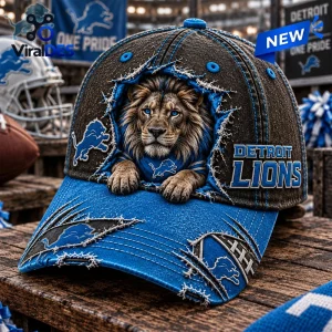 Detroit Lions Mascot Distressed Baseball Cap in blue and grey with a 3D lion graphic and weathered fabric finish.