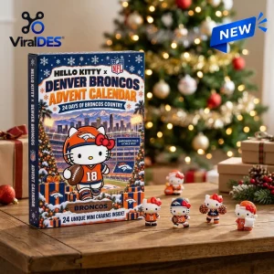 Front view of a Hello Kitty x Denver Broncos advent calendar box on a table with four small character figurines.