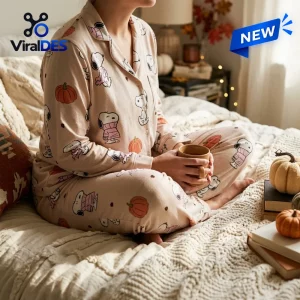 Side view of a person wearing a light pink Snoopy pumpkin pattern pajama set while sitting on a bed.