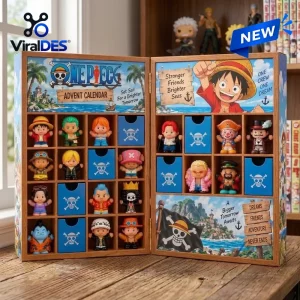 Front view of an open wooden advent calendar featuring miniature collectible figures and character graphics.