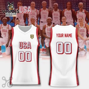 USA Women's Basketball 2026 FIBA World Cup white jersey with red accents, front and back view showing player number 00.