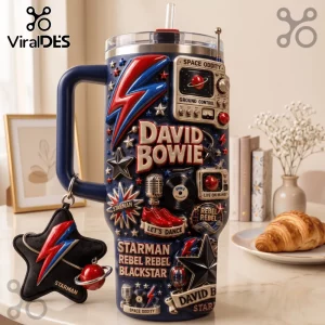 David Bowie Space Oddity 40oz Tumbler with Handle featuring embossed lightning bolt, vintage radio, and musical motifs.