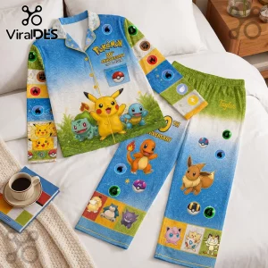 Pokemon 30th Anniversary Pikachu Pajama Sleepwear Set featuring vibrant character graphics, energy symbols, and blue gradients.