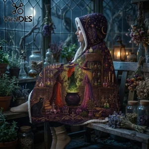 Witchcraft Illustration Sherpa Fleece Hooded Blanket featuring three witches brewing potions in a dark botanical room.