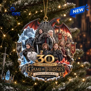 Front view of a Game of Thrones 30th Anniversary Christmas ornament featuring multiple character figures and a dragon.