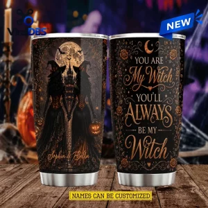 Side-by-side view of a Halloween tumbler featuring witch sisters, a full moon, and custom names in gold calligraphy.