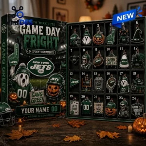 Open New York Jets Halloween Advent Calendar 2026 box with twenty-four numbered compartments containing hanging ornaments.
