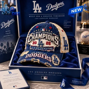 Front view of the Los Angeles Dodgers 2026 NL West Champions Distressed Cap displayed in a presentation box with memorabilia.