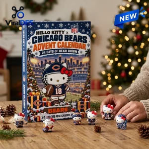 Front view of a Hello Kitty x Chicago Bears advent calendar with five miniature figures displayed on a wooden table.