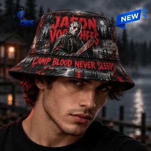 Front view of a person wearing a Jason Voorhees Camp Crystal Lake bucket hat with bloody text.