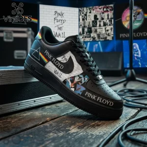 Pink Floyd The Wall Dark Side of the Moon Air Force 1 sneakers with prism graphics and brick patterns on a studio stage.