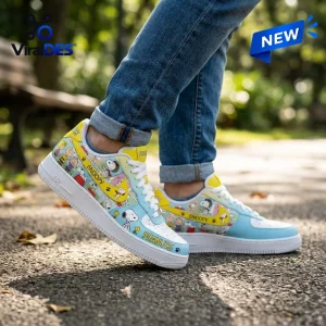 Snoopy Peanuts Custom Air Force 1 Sneakers featuring a blue and yellow comic strip pattern on a white leather base.
