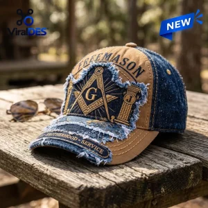 Freemasonry Embroidered Denim Distressed Baseball Cap with square, compass, and G symbol on a brown and blue cotton fabric.