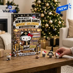 Front view of Hello Kitty x New Orleans Saints Advent Calendar box with miniature collectible figures on a wooden table.