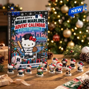 Front view of Hello Kitty x Miami Marlins 2026 Advent Calendar with figurine charms displayed on a festive wooden table.