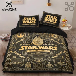 Star Wars 50th Anniversary Millennium Falcon duvet set in black and gold featuring iconic spacecraft and cinematic graphics.