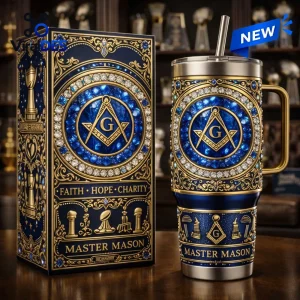 Master Mason Blue Gold Stanley Tumbler with square and compass emblem, ornate gold filigree, and blue crystal accents.