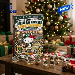 Front view of Hello Kitty x Green Bay Packers 2026 Advent Calendar box on wooden table with holiday figurines.