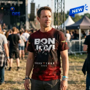 Bon Jovi Forever Tour 2026 Red Smoke T-Shirt worn by a man at an outdoor festival with graphic band imagery.
