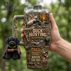 Duck Hunting Flooded Timber 40oz Handle Tumbler featuring raised 3D mallard, marsh scenes, and a black retriever charm.