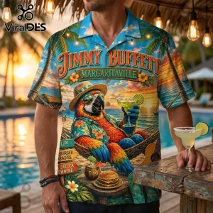 Jimmy Buffett Margaritaville Tropical Summer Hawaiian shirt featuring a macaw in a hammock with a drink and a cheeseburger.