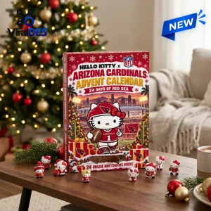 Front view of a themed advent calendar box on a table with eight small character figurines arranged in front.