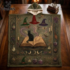 Witchcraft Black Cat Illustrated Hooded Blanket features a feline on a spellbook with witch hats, potion bottles, and moths.