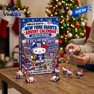 Front view of a New York Giants advent calendar on a table with several small character figurines.