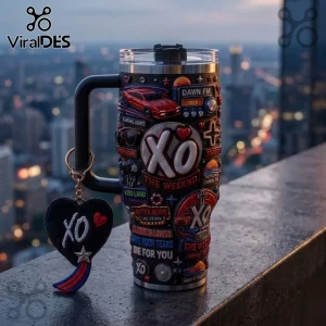 The Weeknd After Hours 40oz Stanley Tumbler featuring raised XO logos and iconic album art stickers on a matte black cup.