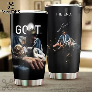Lionel Messi World Cup Champion Stainless Steel Tumbler featuring Messi with a crown, a goat, and the FIFA trophy.