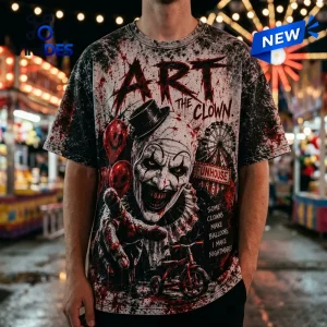 Front view of an Art the Clown Smile Horror Shirt with blood spatter and carnival graphics.