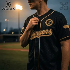 Texas Rangers Fourth Wing Collaboration Baseball Jersey in black with gold scale patterns, team logo, and dragon accents.