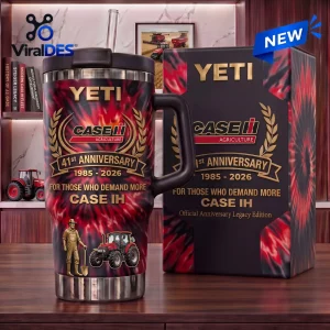 Case IH 41st Anniversary Stanley Tumbler featuring red and black fire pattern, tractor graphics, and official branding.