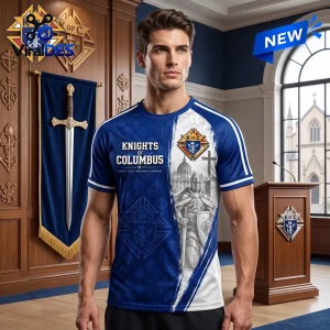 Knights of Columbus Blue Crusader T-Shirt featuring a graphic of a medieval knight, the K of C emblem, and church architecture.