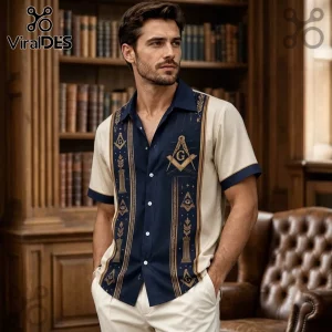 Freemason Compass Square Pattern Hawaiian Shirt with dark blue vertical panels, gold masonic symbols, and cream side fabric.