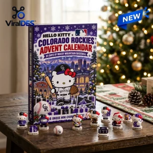 Front view of Hello Kitty x Colorado Rockies 2026 Advent Calendar box with miniature figurines on table.